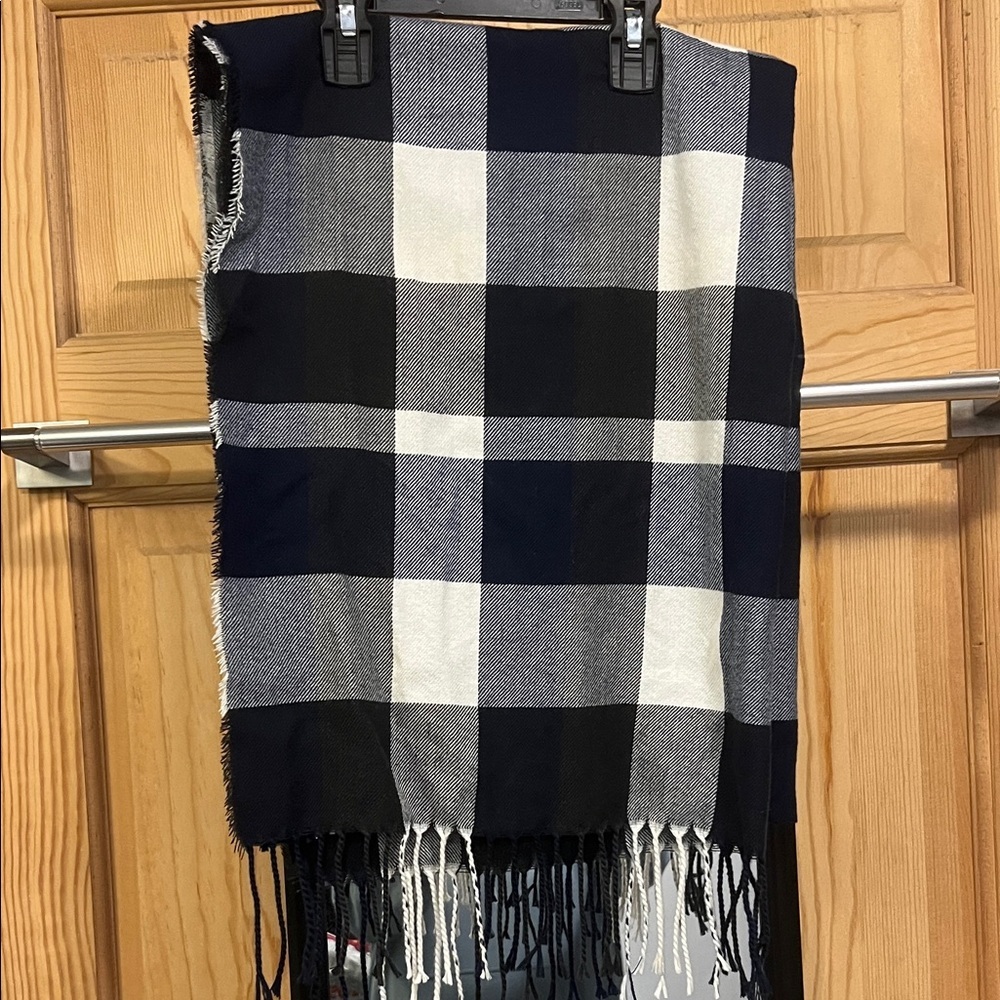 Blue and White Plaid Fringe Scarf Plush Apparel